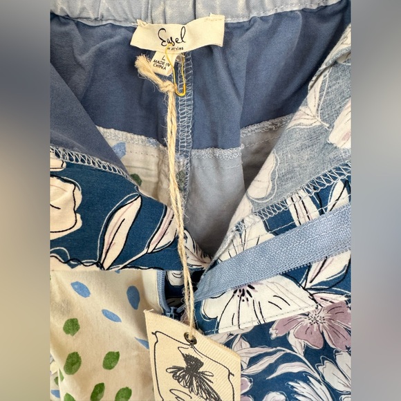 EASEL Wide-Leg Patchwork Flower Pants Denim Blue and Cream SZ Large - Picture 6 of 10